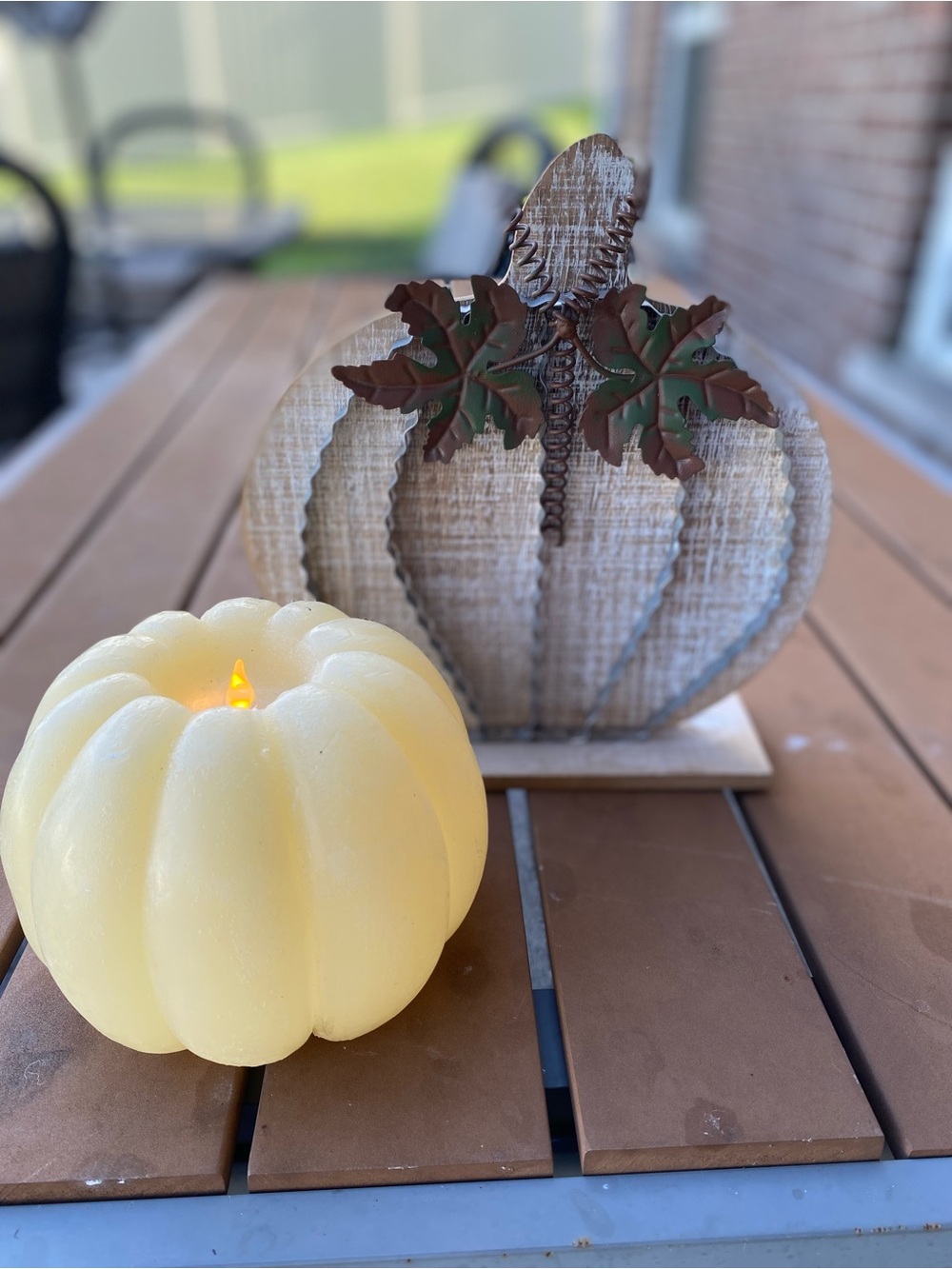 Rustic White Wood Pumpkin Table Decor with Light Up Pumpkin